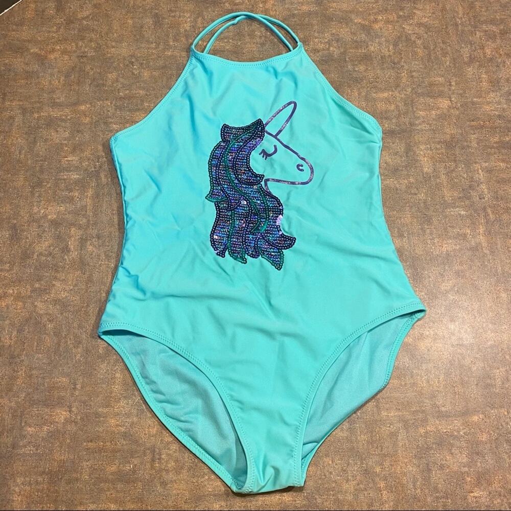 Wave Zone Girls’ Unicorn One Piece Swimsuit Size XL 14 - 16 Blue w/ Sequins